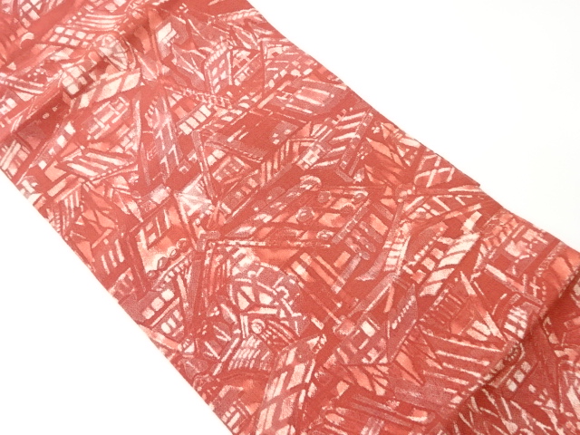 JAPANESE KIMONO / VINTAGE NAGOYA OBI / CHIRIMEN / SCENERY OF BUILDING